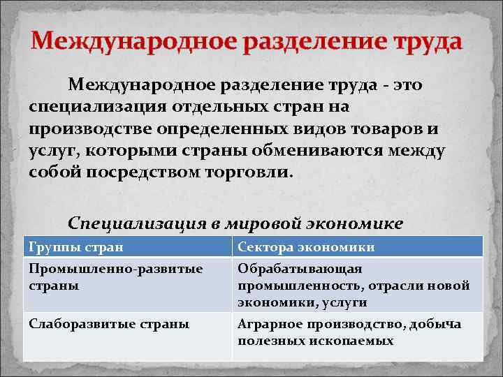 Международное разделение труда - это специализация отдельных стран на производстве определенных видов товаров и