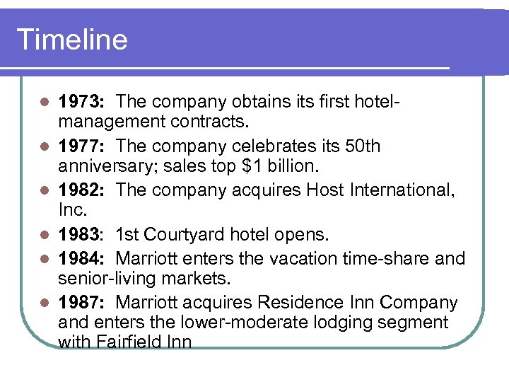 Timeline l l l 1973: The company obtains its first hotelmanagement contracts. 1977: The