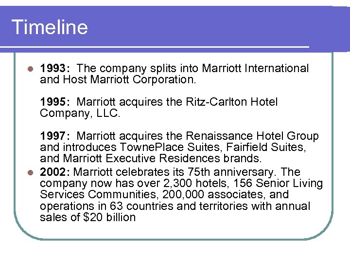 Timeline 1993: The company splits into Marriott International and Host Marriott Corporation. 1995: Marriott