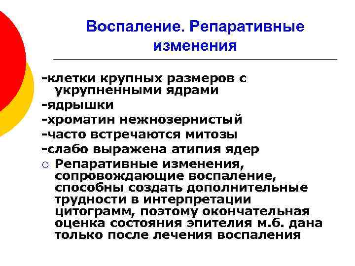Воспаление. Репаративные изменения -клетки крупных размеров с укрупненными ядрами -ядрышки -хроматин нежнозернистый -часто встречаются