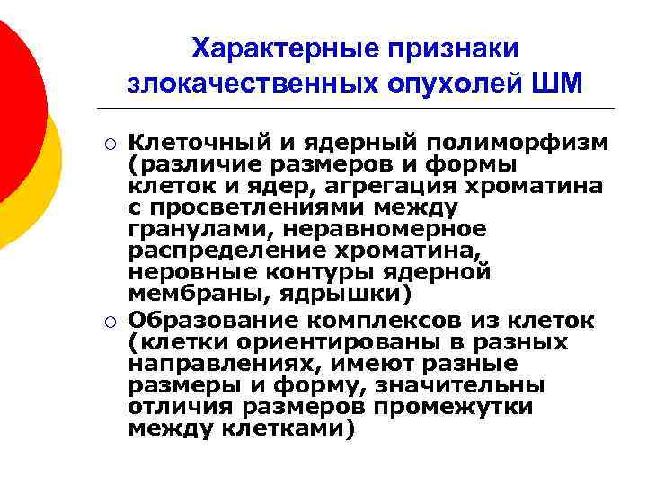 Характерные признаки злокачественных опухолей ШМ ¡ ¡ Клеточный и ядерный полиморфизм (различие размеров и