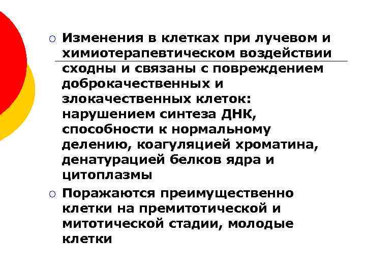 ¡ ¡ Изменения в клетках при лучевом и химиотерапевтическом воздействии сходны и связаны с