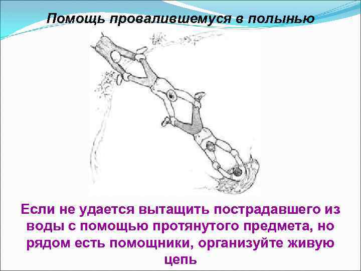 Помощь провалившемуся в полынью Если не удается вытащить пострадавшего из воды с помощью протянутого