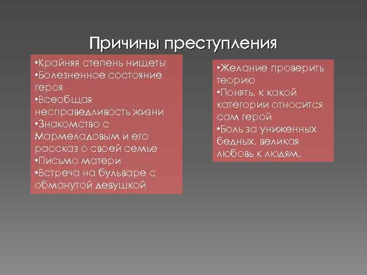 Причины преступления • Крайняя степень нищеты • Болезненное состояние героя • Всеобщая несправедливость жизни