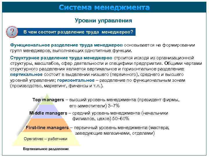 Система менеджмента Уровни управления В чем состоит разделение труда менеджеров? Функциональное разделение труда менеджеров