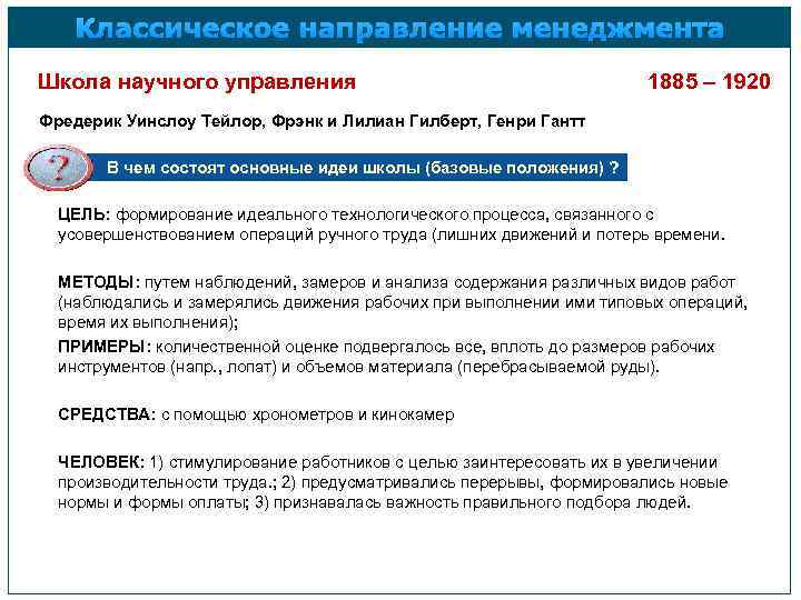 Классическое направление менеджмента Школа научного управления 1885 – 1920 Фредерик Уинслоу Тейлор, Фрэнк и