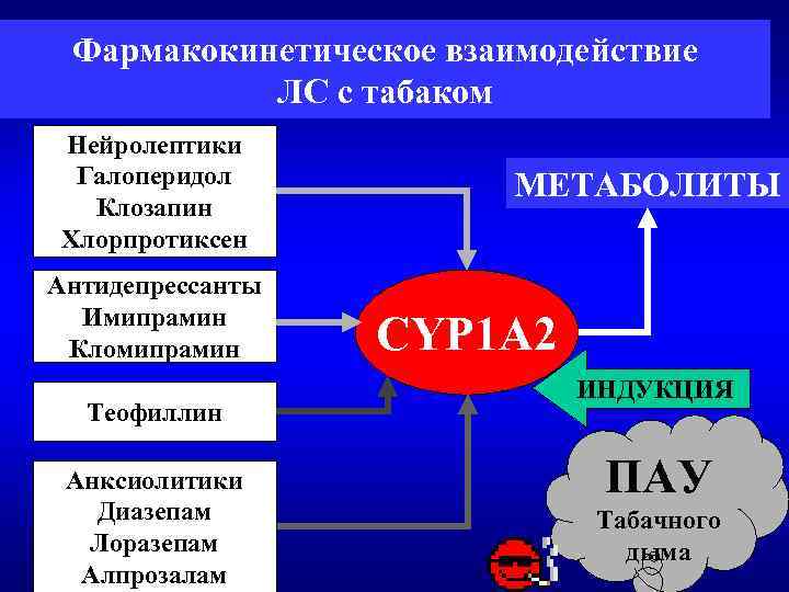 Фармакокинетическое взаимодействие ЛС с табаком Нейролептики Галоперидол Клозапин Хлорпротиксен Антидепрессанты Имипрамин Кломипрамин Теофиллин Анксиолитики