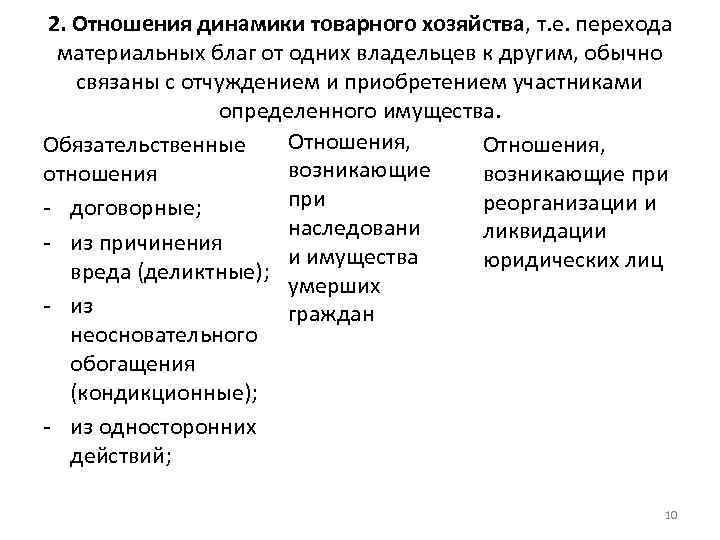 2. Отношения динамики товарного хозяйства, т. е. перехода материальных благ от одних владельцев к