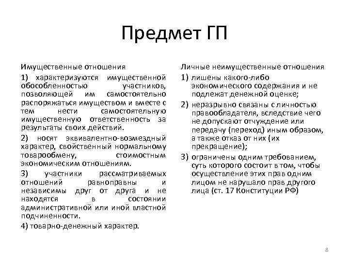 Предмет ГП Имущественные отношения 1) характеризуются имущественной обособленностью участников, позволяющей им самостоятельно распоряжаться имуществом