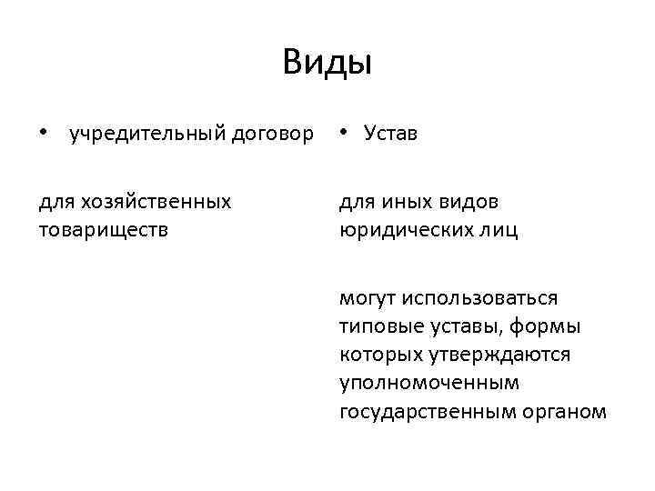 Виды • учредительный договор • Устав для хозяйственных товариществ для иных видов юридических лиц