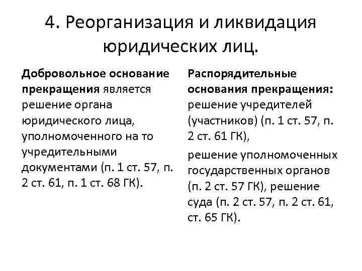 4. Реорганизация и ликвидация юридических лиц. Добровольное основание прекращения является решение органа юридического лица,