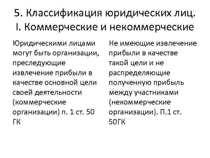 5. Классификация юридических лиц. I. Коммерческие и некоммерческие Юридическими лицами могут быть организации, преследующие