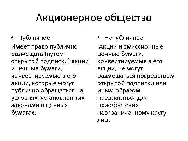 Акционерное общество • Публичное Имеет право публично размещать (путем открытой подписки) акции и ценные