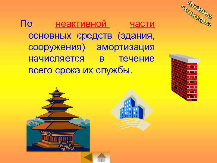 По неактивной части основных средств (здания, сооружения) амортизация начисляется в течение всего срока их