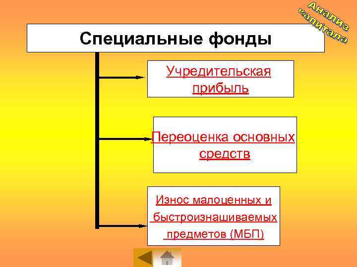 Специальные фонды Учредительская прибыль Переоценка основных средств Износ малоценных и быстроизнашиваемых предметов (МБП) 