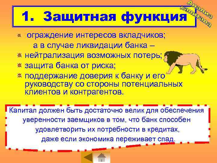 1. Защитная функция ограждение интересов вкладчиков; а в случае ликвидации банка – нейтрализация возможных