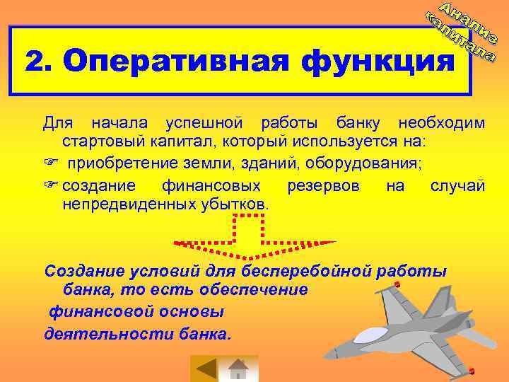 2. Оперативная функция Для начала успешной работы банку необходим стартовый капитал, который используется на: