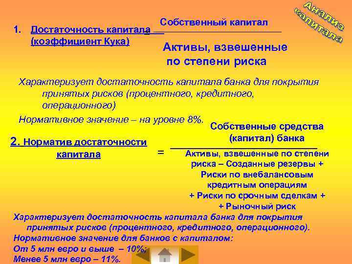 1. Достаточность капитала = (коэффициент Кука) Собственный капитал Активы, взвешенные по степени риска Характеризует