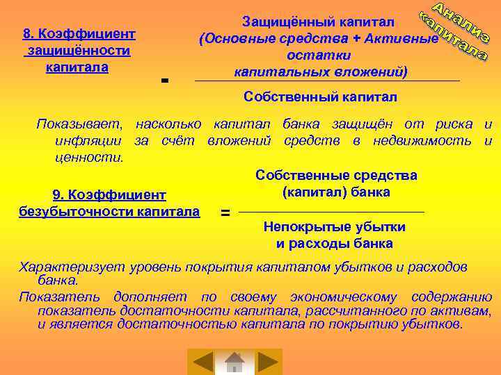 8. Коэффициент защищённости капитала = Защищённый капитал (Основные средства + Активные остатки капитальных вложений)