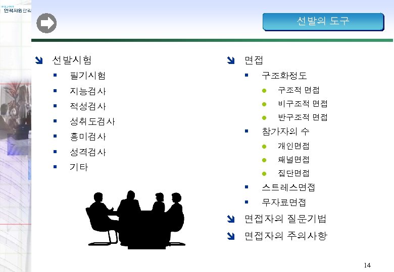 선발의 도구 î 선발시험 § § § § 필기시험 î 면접 § 구조화정도 지능검사