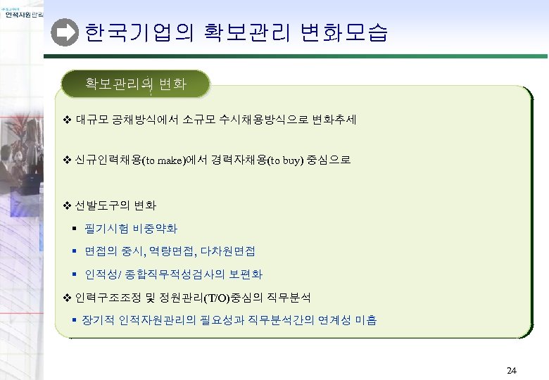 한국기업의 확보관리 변화모습 확보관리의 변화 v 대규모 공채방식에서 소규모 수시채용방식으로 변화추세 v 신규인력채용(to make)에서