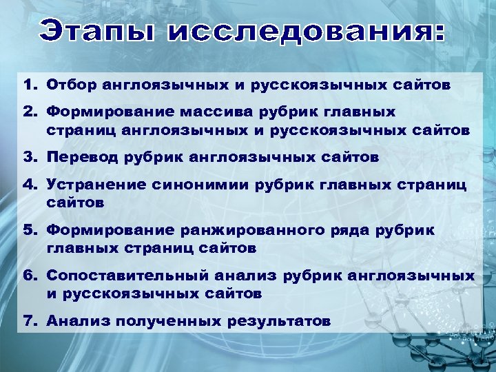 1. Отбор англоязычных и русскоязычных сайтов 2. Формирование массива рубрик главных страниц англоязычных и
