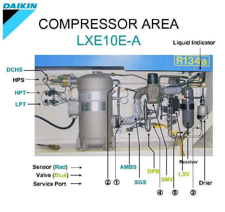 COMPRESSOR AREA Liquid Indicator LXE 10 E-A DCHS HPT LPT Sensor (Red) Valve (Blue)