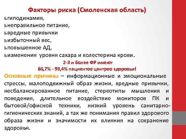 Факторы риска (Смоленская область) ь гиподинамия, ь неправильное питание, ь вредные привычки ь избыточный