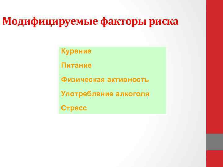 Модифицируемые факторы риска Курение Питание Физическая активность Употребление алкоголя Стресс 
