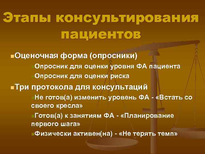 Этапы консультирования пациентов n. Оценочная форма (опросники) n. Опросник для оценки уровня ФА пациента