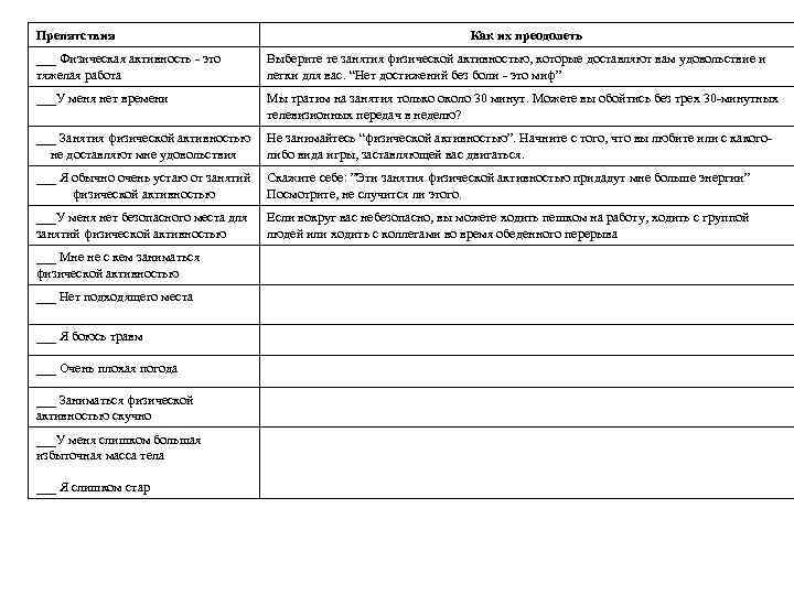 Препятствия Как их преодолеть ___ Физическая активность - это тяжелая работа Выберите те занятия