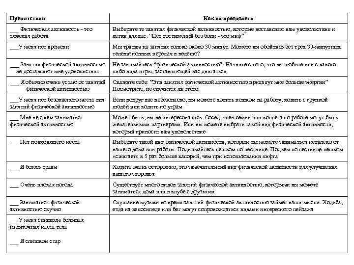 Препятствия Как их преодолеть ___ Физическая активность - это тяжелая работа Выберите те занятия