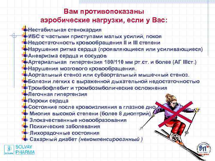 Вам противопоказаны аэробические нагрузки, если у Вас: Нестабильная стенокардия ИБС с частыми приступами малых