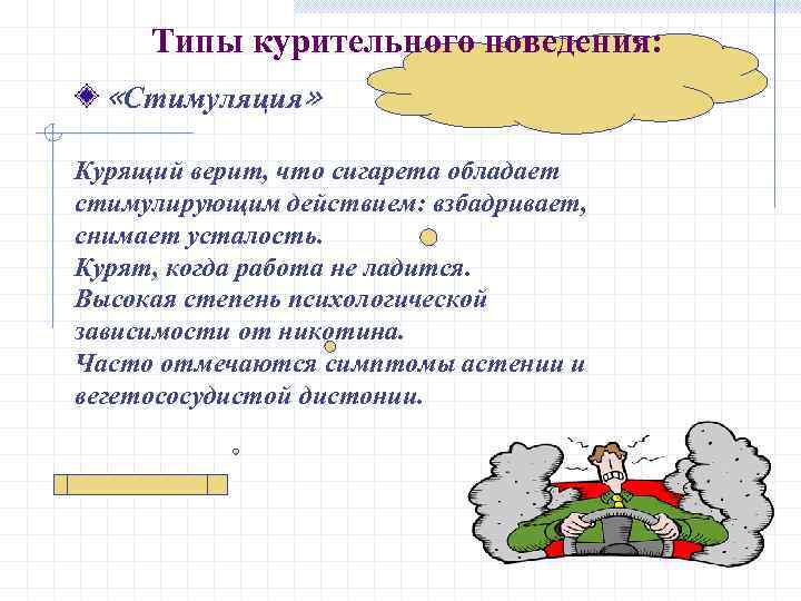Типы курительного поведения: «Стимуляция» Курящий верит, что сигарета обладает стимулирующим действием: взбадривает, снимает усталость.
