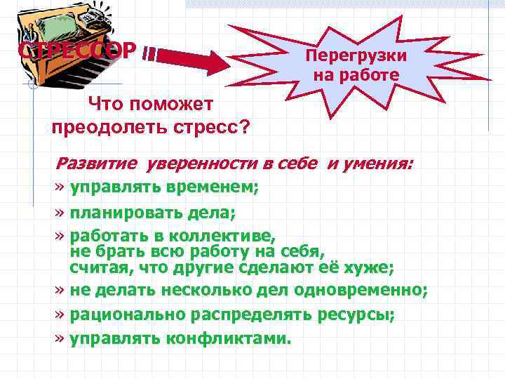 СТРЕССОР Перегрузки на работе Что поможет преодолеть стресс? Развитие уверенности в себе и умения: