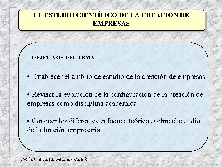 EL ESTUDIO CIENTÍFICO DE LA CREACIÓN DE EMPRESAS OBJETIVOS DEL TEMA • Establecer el
