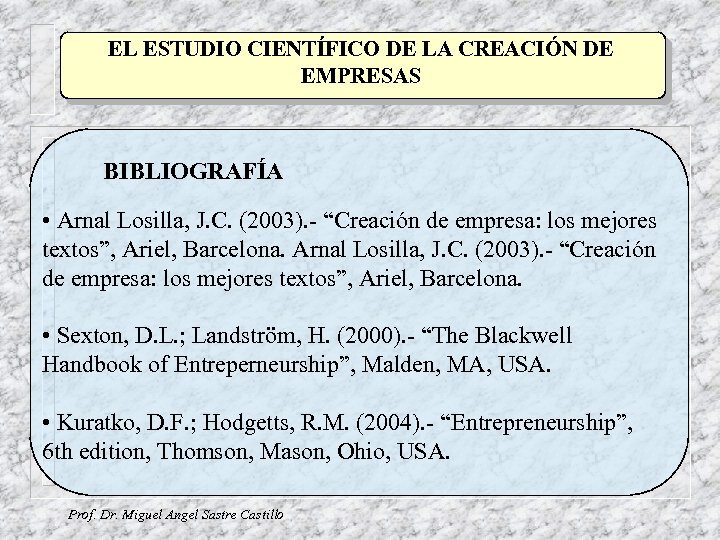 EL ESTUDIO CIENTÍFICO DE LA CREACIÓN DE EMPRESAS BIBLIOGRAFÍA • Arnal Losilla, J. C.
