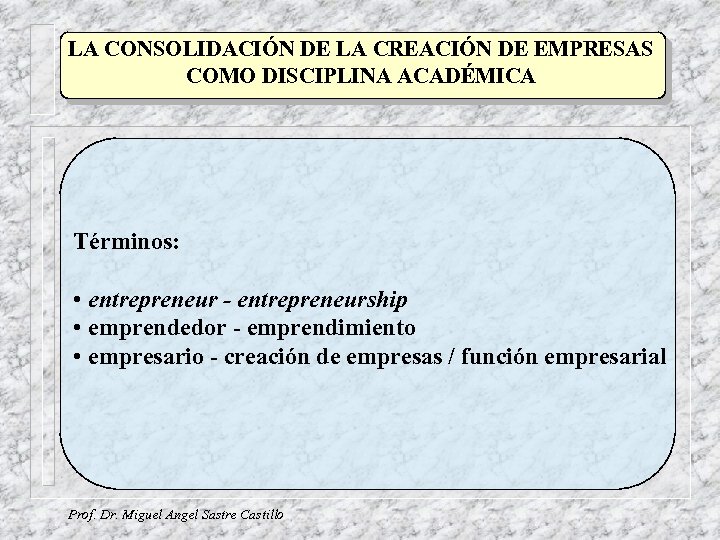 LA CONSOLIDACIÓN DE LA CREACIÓN DE EMPRESAS COMO DISCIPLINA ACADÉMICA Términos: • entrepreneur -