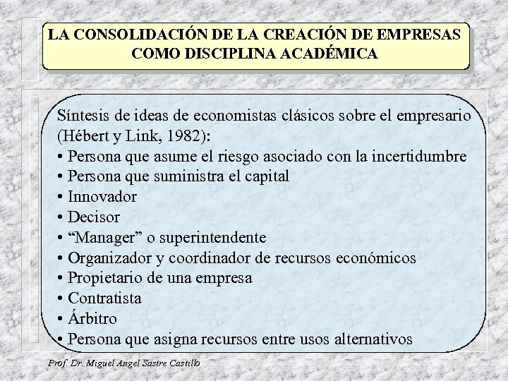 LA CONSOLIDACIÓN DE LA CREACIÓN DE EMPRESAS COMO DISCIPLINA ACADÉMICA Síntesis de ideas de