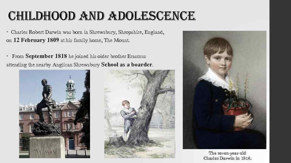 childhood and adolescence Charles Robert Darwin was born in Shrewsbury, Shropshire, England, on 12