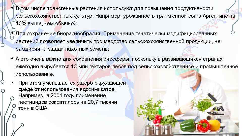  • В том числе трансгенные растения используют для повышения продуктивности сельскохозяйственных культур. Например,
