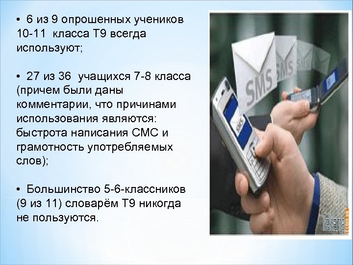  • 6 из 9 опрошенных учеников 10 -11 класса Т 9 всегда используют;
