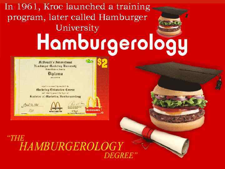 In 1961, Kroc launched a training program, later called Hamburger University 