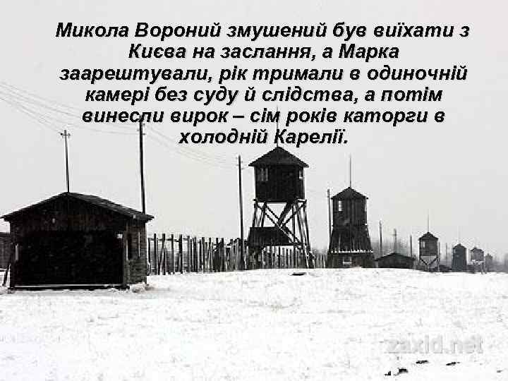 Микола Вороний змушений був виїхати з Києва на заслання, а Марка заарештували, рік тримали