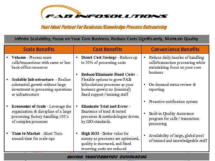 Your Ideal Partner For Business/Knowledge Process Outsourcing Infinite Scalability, Focus on Your Core Business,