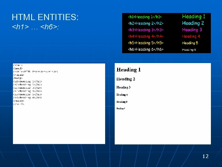 HTML ENTITIES: <h 1> … <h 6>: 12 