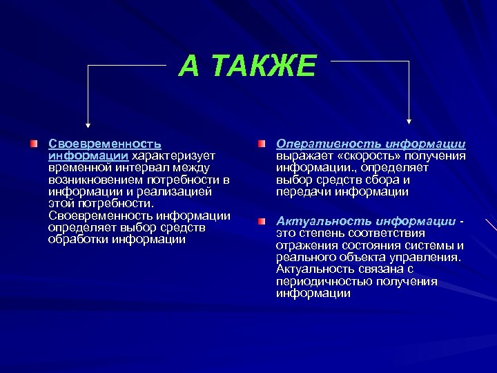 А ТАКЖЕ Своевременность информации характеризует временной интервал между возникновением потребности в информации и реализацией