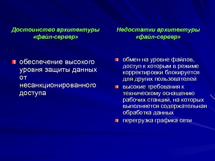 Достоинство архитектуры «файл сервер» обеспечение высокого уровня защиты данных от несанкционированного доступа Недостатки архитектуры