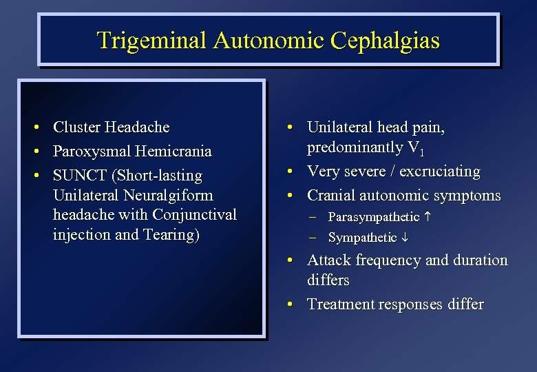 Trigeminal Autonomic Cephalgias • Cluster Headache • Paroxysmal Hemicrania • SUNCT (Short-lasting Unilateral Neuralgiform