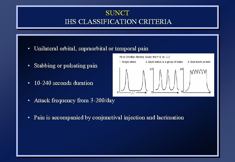 SUNCT IHS CLASSIFICATION CRITERIA • Unilateral orbital, supraorbital or temporal pain • Stabbing or